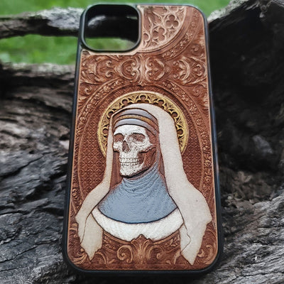 Colorful skull nun phone case iPhone  wooden horror art