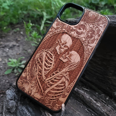 Gothic skeleton couple kissing engraved on a wooden phone case, compatible with iPhone  and Samsung Galaxy S.