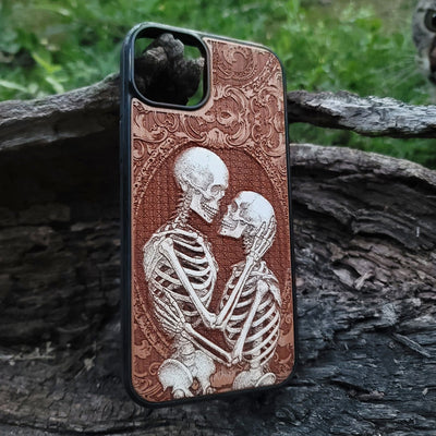 Laser engraved skeletons kissing phone case iPhone Galaxy