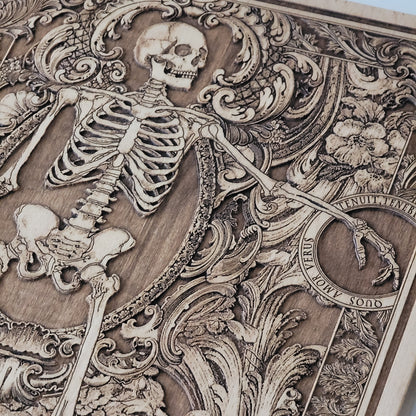Romantic skeleton couple wood art, perfect for gothic wedding gifts.