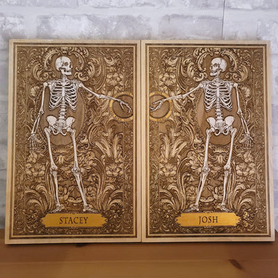 Love Skeleton Couple - Till Death Do Us Part - Personalized with Names - Medium Painted – gothic art, engraved wood, dark fantasy, skeleton