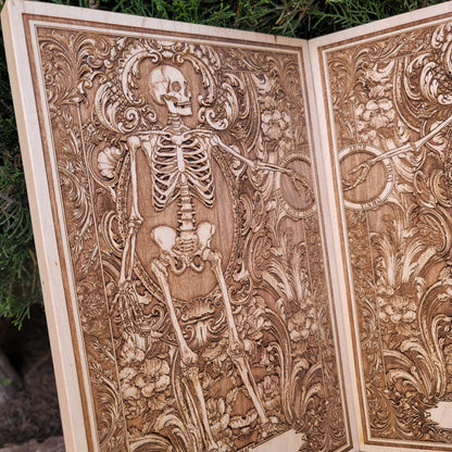 Laser-engraved gothic love plaque with skulls and eternal love message.