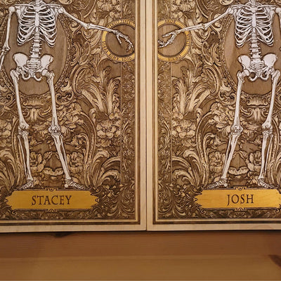 Gothic engraved wood art – gothic art, engraved wood, dark fantasy, skeleton design, artisan crafted