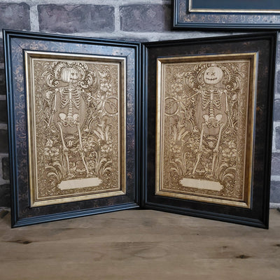 Gothic engraved wood art – gothic art, engraved wood, dark fantasy, skeleton design, artisan crafted