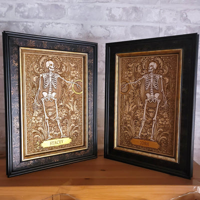Gothic engraved wood art – gothic art, engraved wood, dark fantasy, skeleton design, artisan crafted