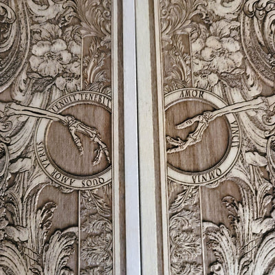 Gothic engraved wood art – gothic art, engraved wood, dark fantasy, skeleton design, artisan crafted