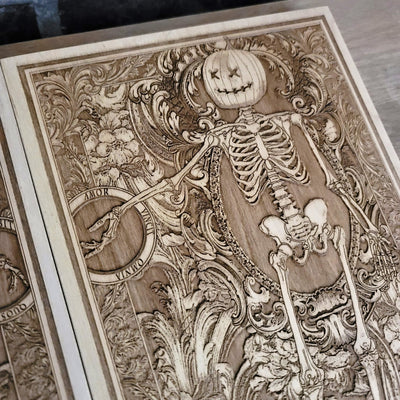 Gothic engraved wood art – gothic art, engraved wood, dark fantasy, skeleton design, artisan crafted