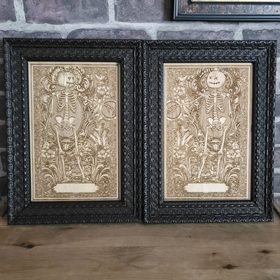Gothic engraved wood art – gothic art, engraved wood, dark fantasy, skeleton design, artisan crafted