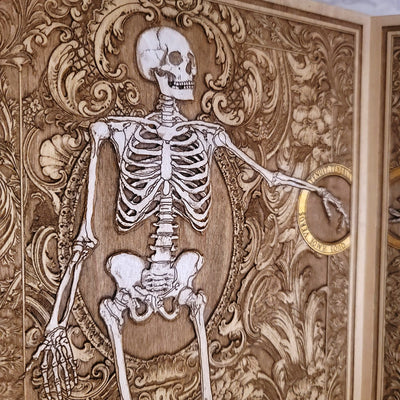 Gothic engraved wood art – gothic art, engraved wood, dark fantasy, skeleton design, artisan crafted