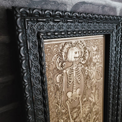 Gothic engraved wood art – gothic art, engraved wood, dark fantasy, skeleton design, artisan crafted