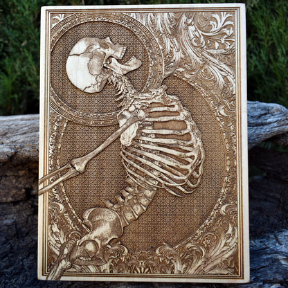 Skeleton wood engraving - gothic skull decor - handcrafted wooden skull art