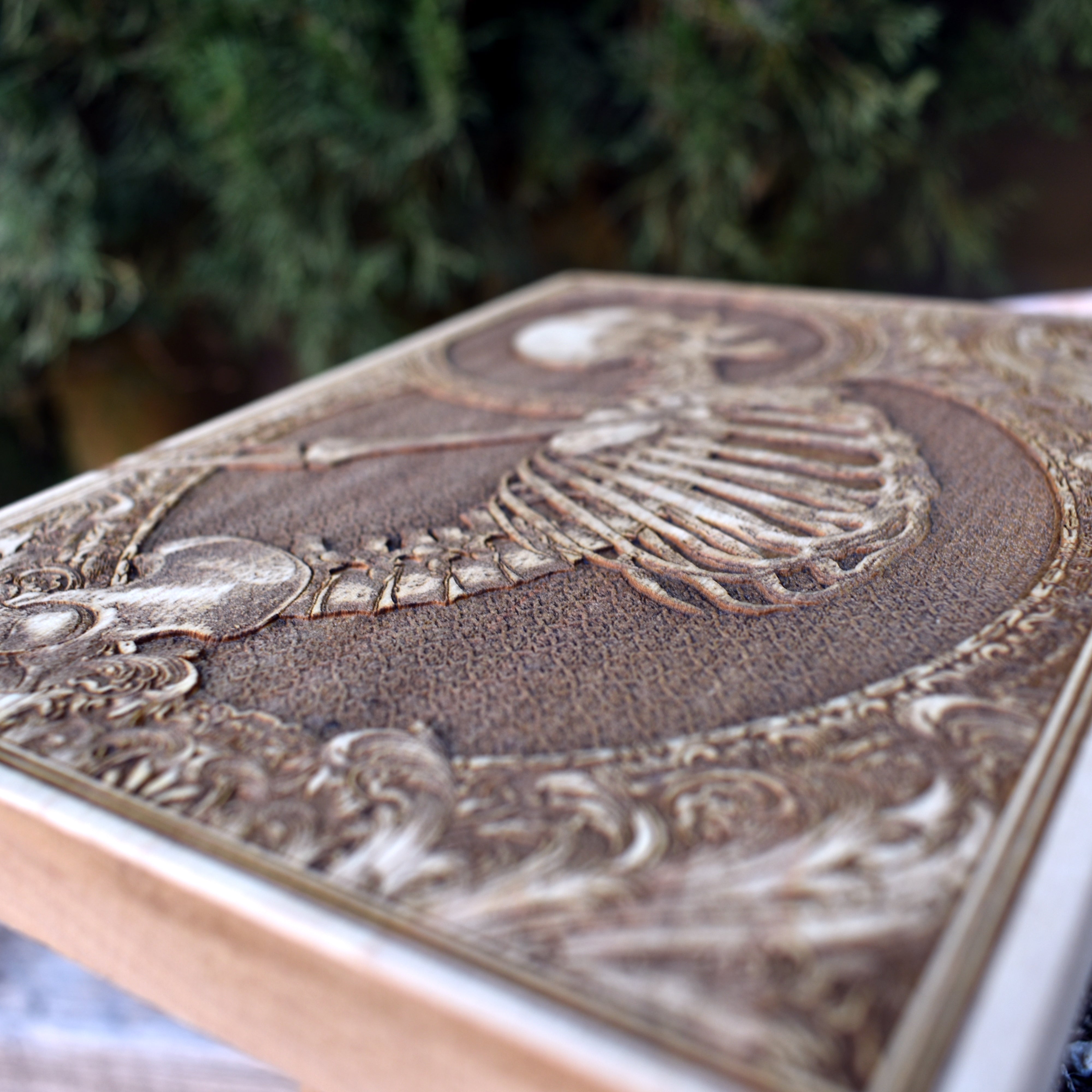 Unique gothic gift - handcrafted skeleton engraving on wooden plaque