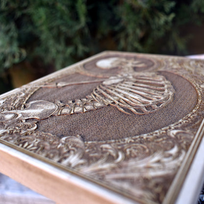 Unique gothic gift - handcrafted skeleton engraving on wooden plaque