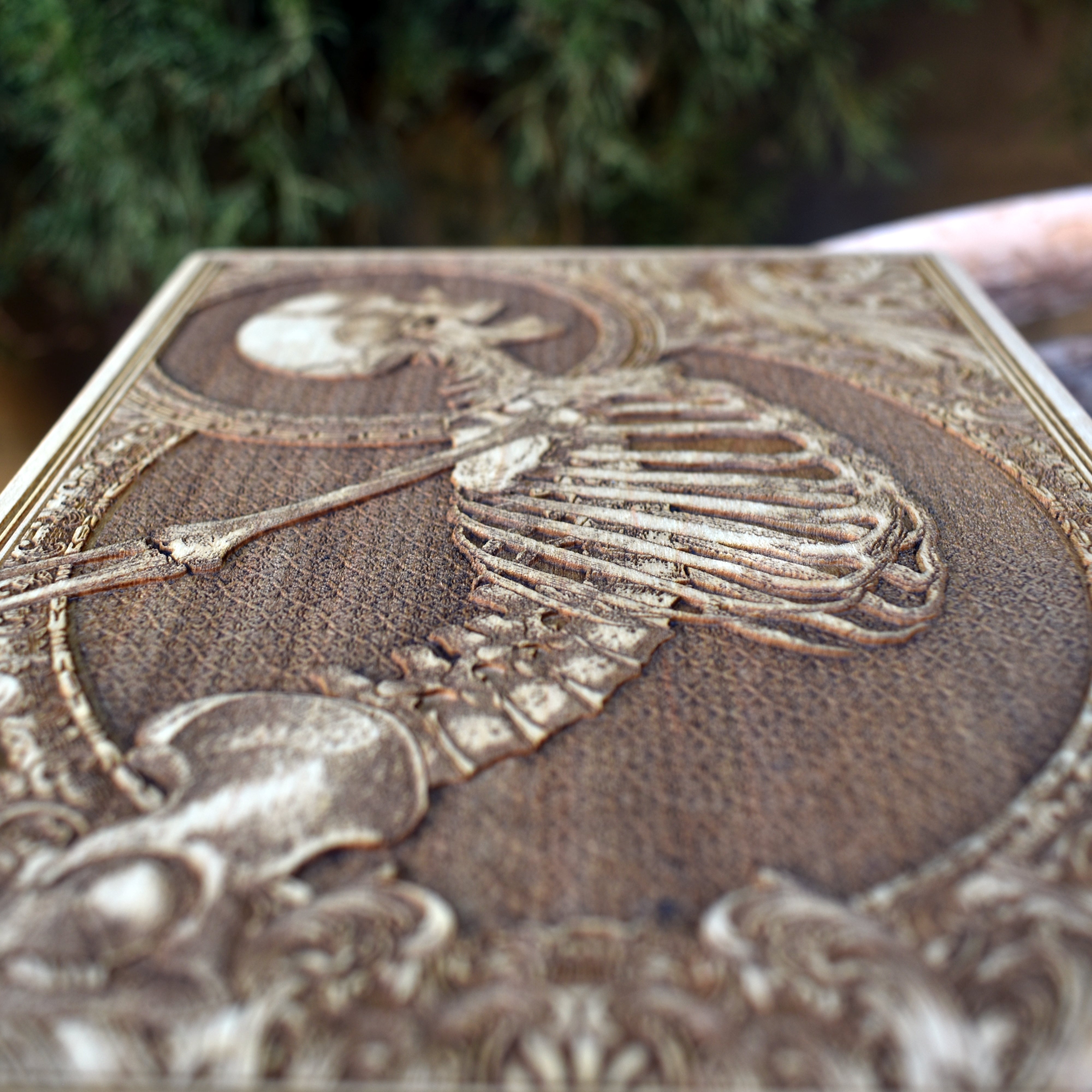 Skeleton wall decor - horror-inspired wood carving for gothic interiors