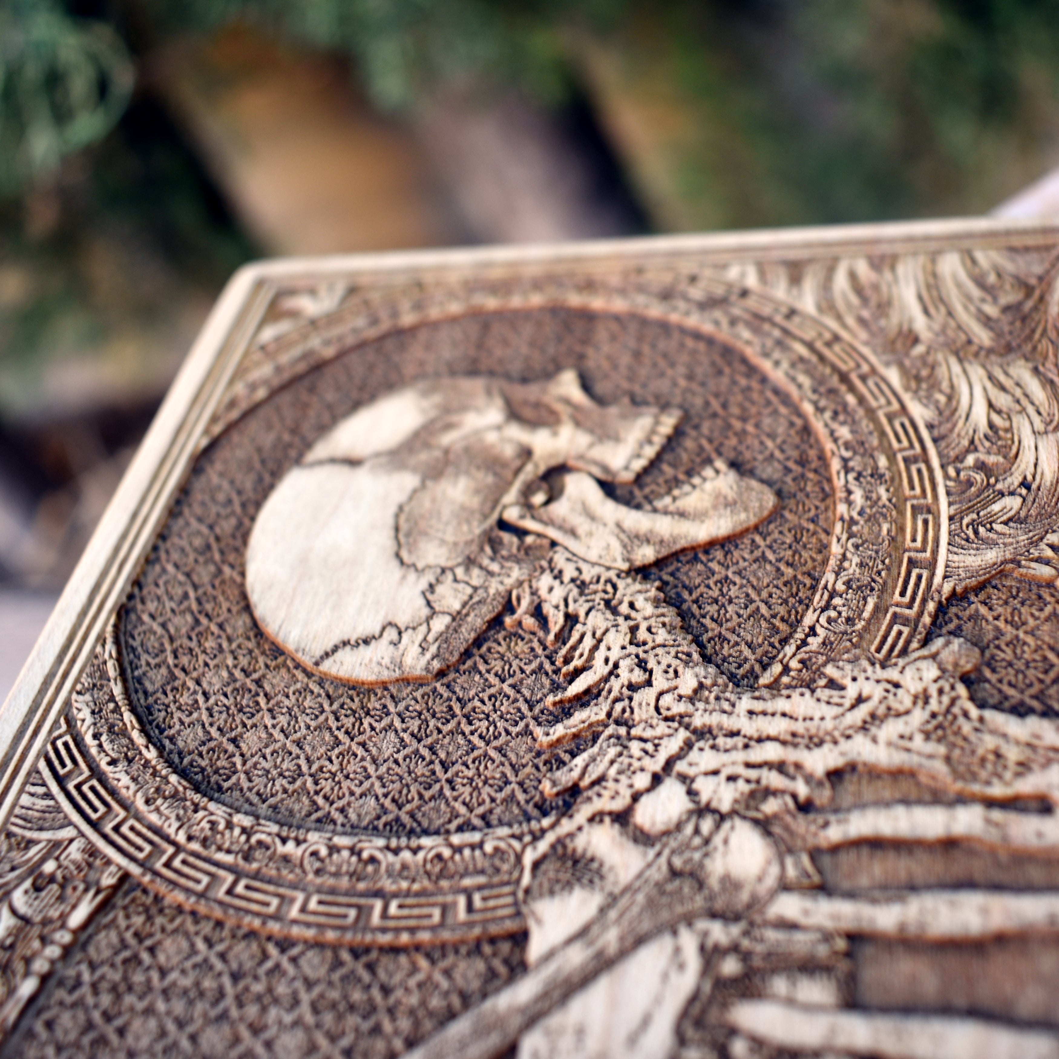 Laser-engraved skull on wood - detailed gothic macabre wall art