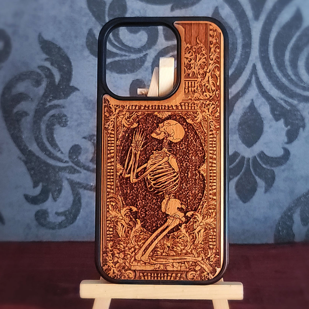 praying skeleton wood phone case laser engraved