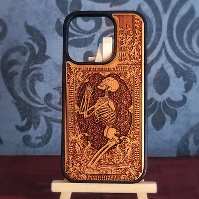 praying skeleton wood phone case laser engraved