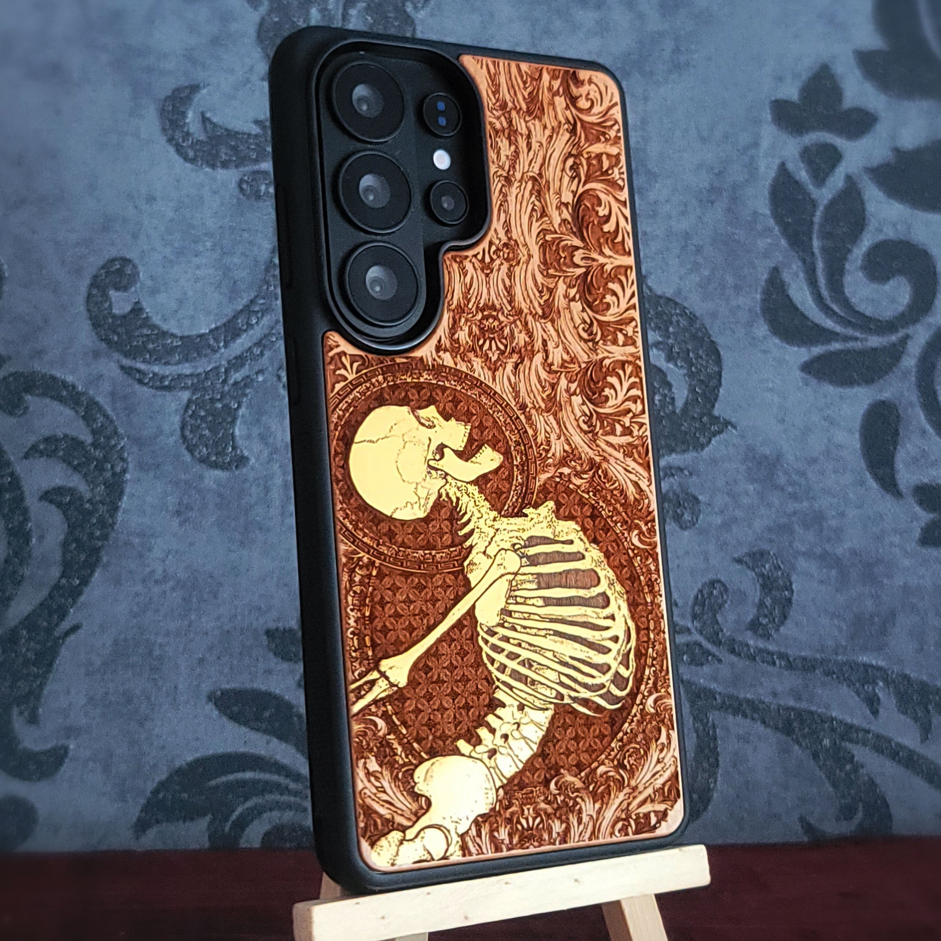 Yellow Human Skeleton Stumble - Wood Phone Case - Gothic Pattern Hand Painted