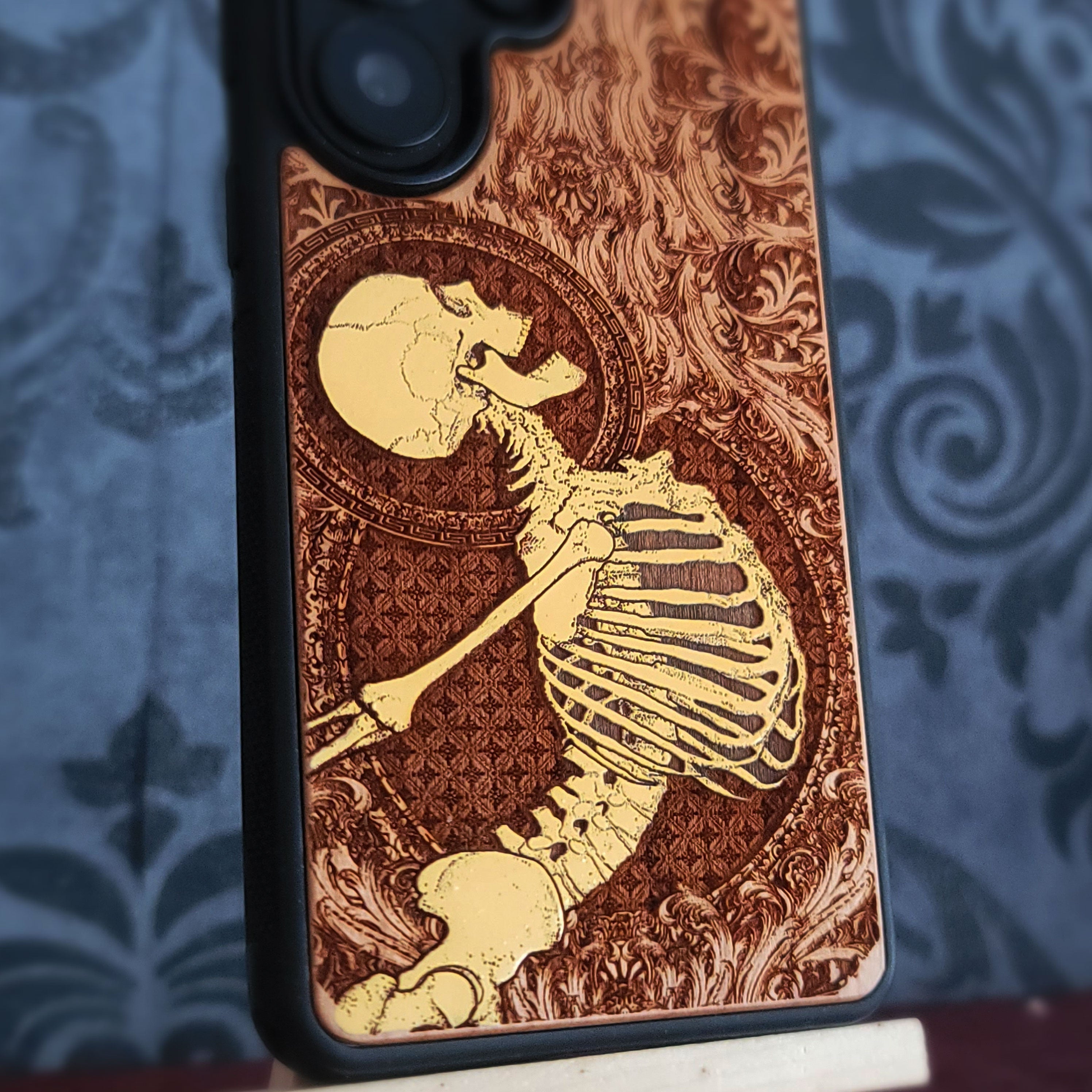 Yellow Human Skeleton Stumble - Wood Phone Case - Gothic Pattern Hand Painted
