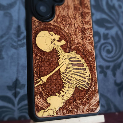 Yellow Human Skeleton Stumble - Wood Phone Case - Gothic Pattern Hand Painted