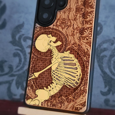 Yellow Human Skeleton Stumble - Wood Phone Case - Gothic Pattern Hand Painted