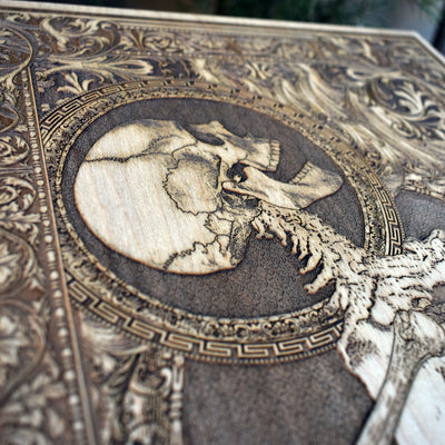 Gothic engraved wood art – gothic art, engraved wood, dark fantasy, skeleton design, artisan crafted