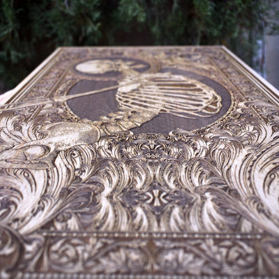 Gothic engraved wood art – gothic art, engraved wood, dark fantasy, skeleton design, artisan crafted