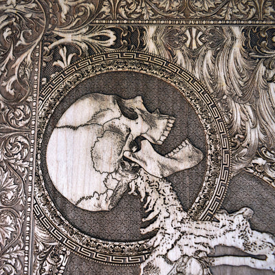 Gothic engraved wood art – gothic art, engraved wood, dark fantasy, skeleton design, artisan crafted
