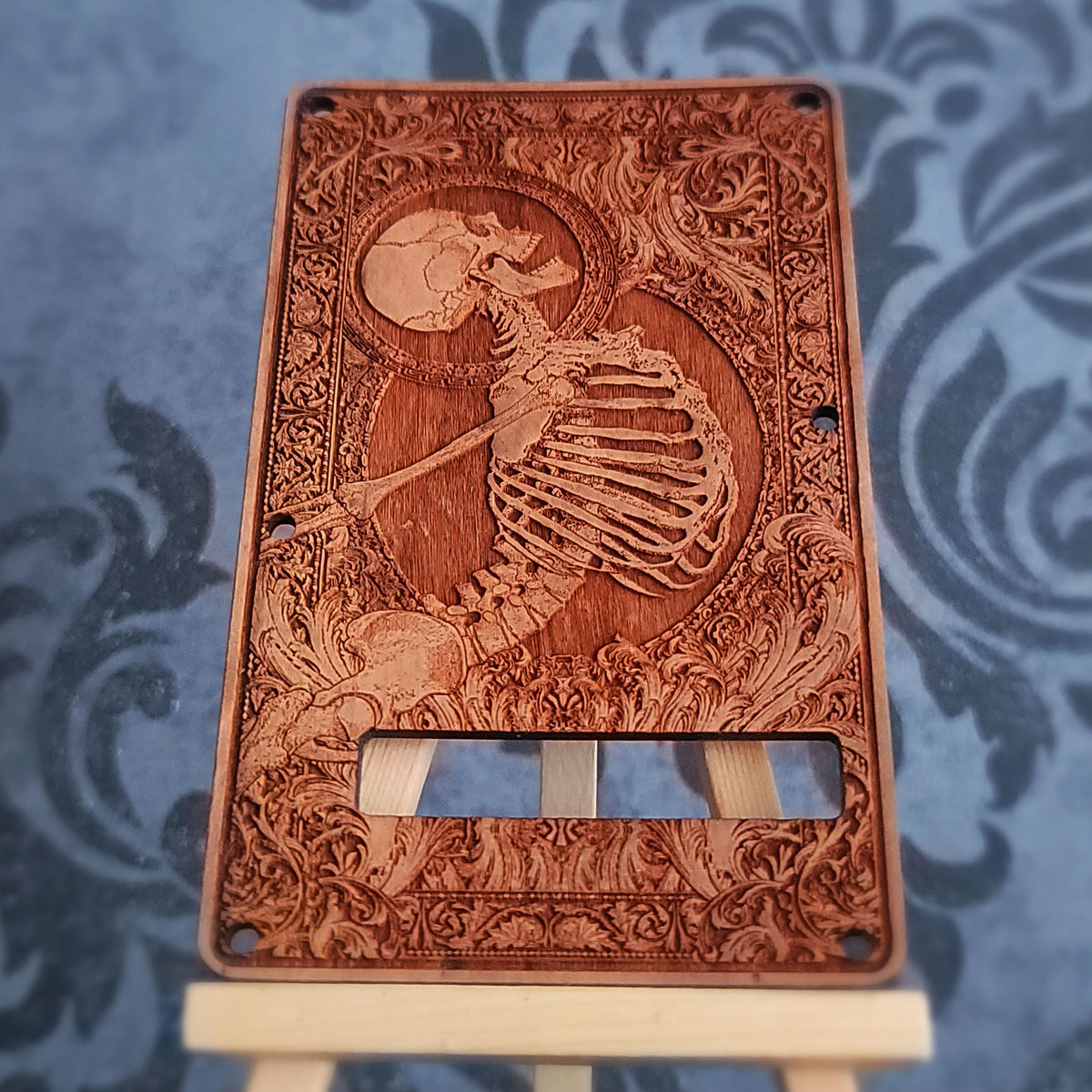 Engraved wood tremolo backplate for SSS and HSS Strato style guitars