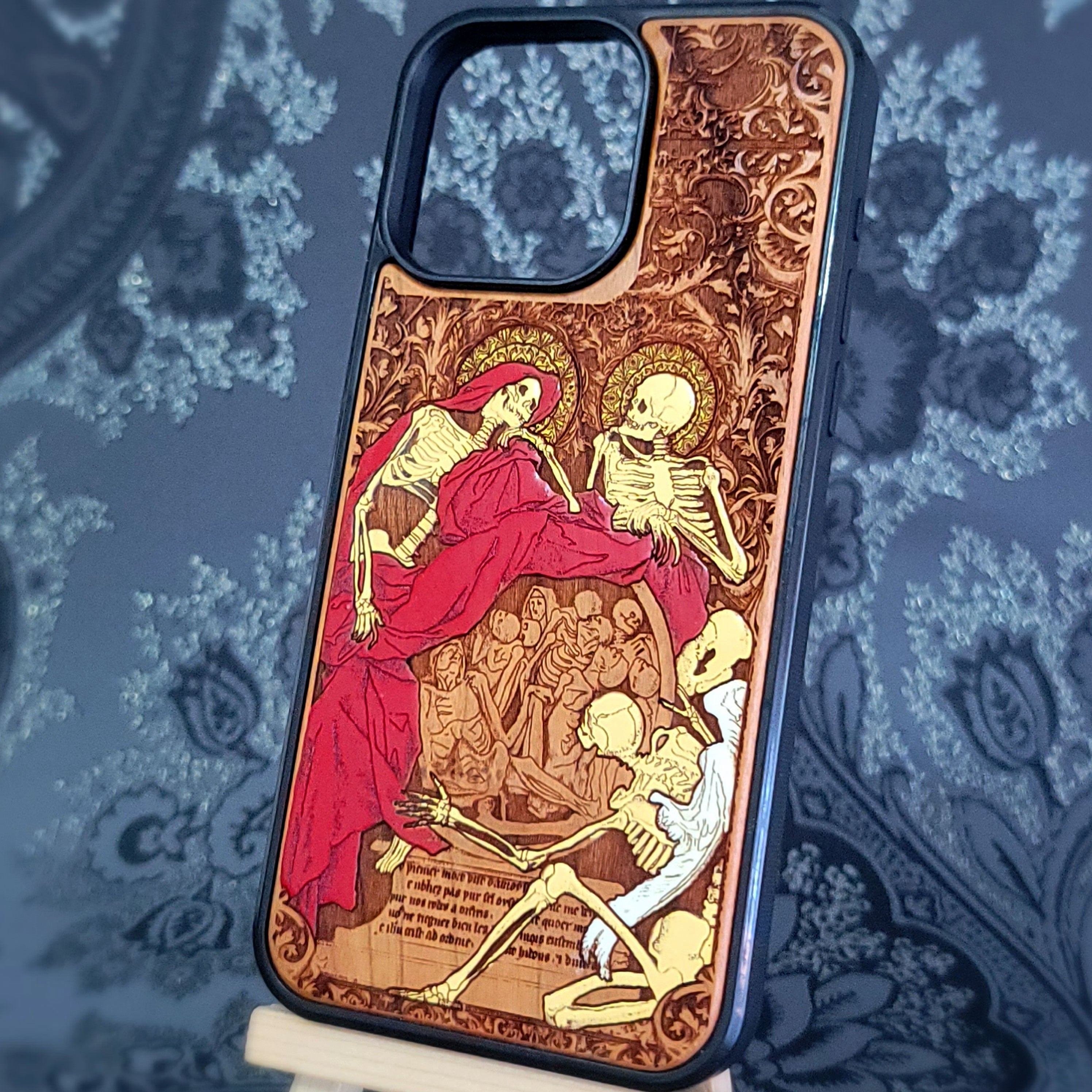 memento mori skeleton gothic wood phone case for iphone and samsung galaxy
