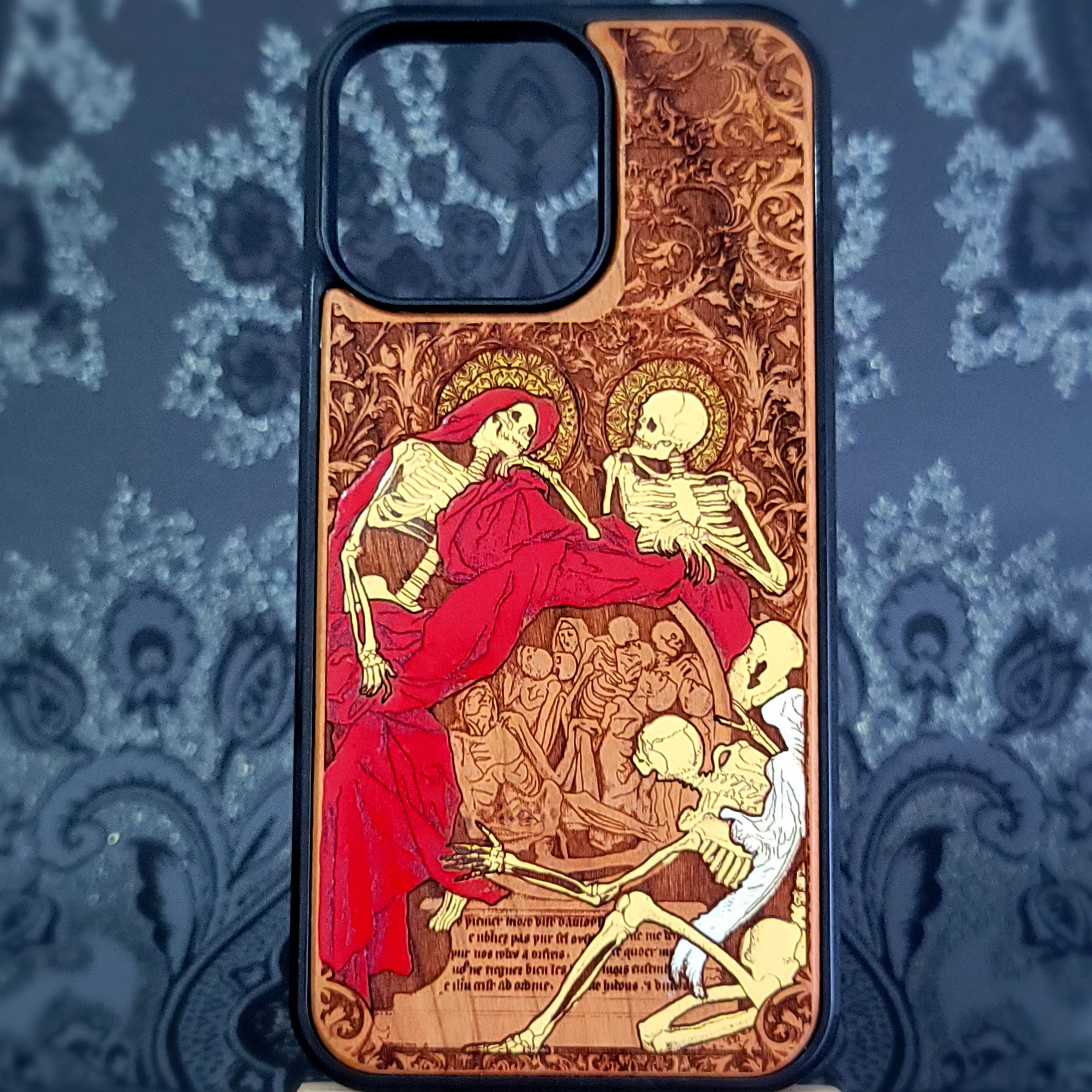 memento mori skeleton gothic wood phone case for iphone and samsung galaxy