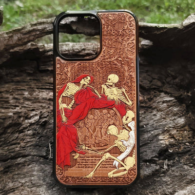Red Souls wood case featuring a hand-painted gothic design, blending dark artistic elements with intricate engraving. A perfect gift for art lovers.