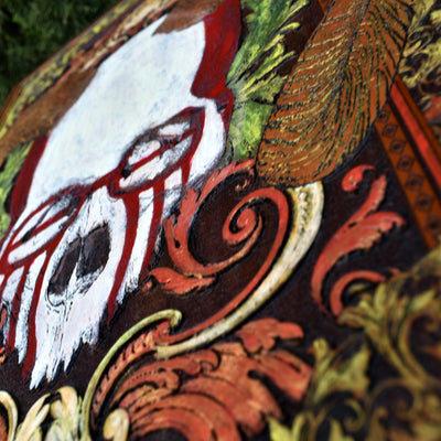 Gothic skull engraving on cedar wood, perfect for dark art collectors.