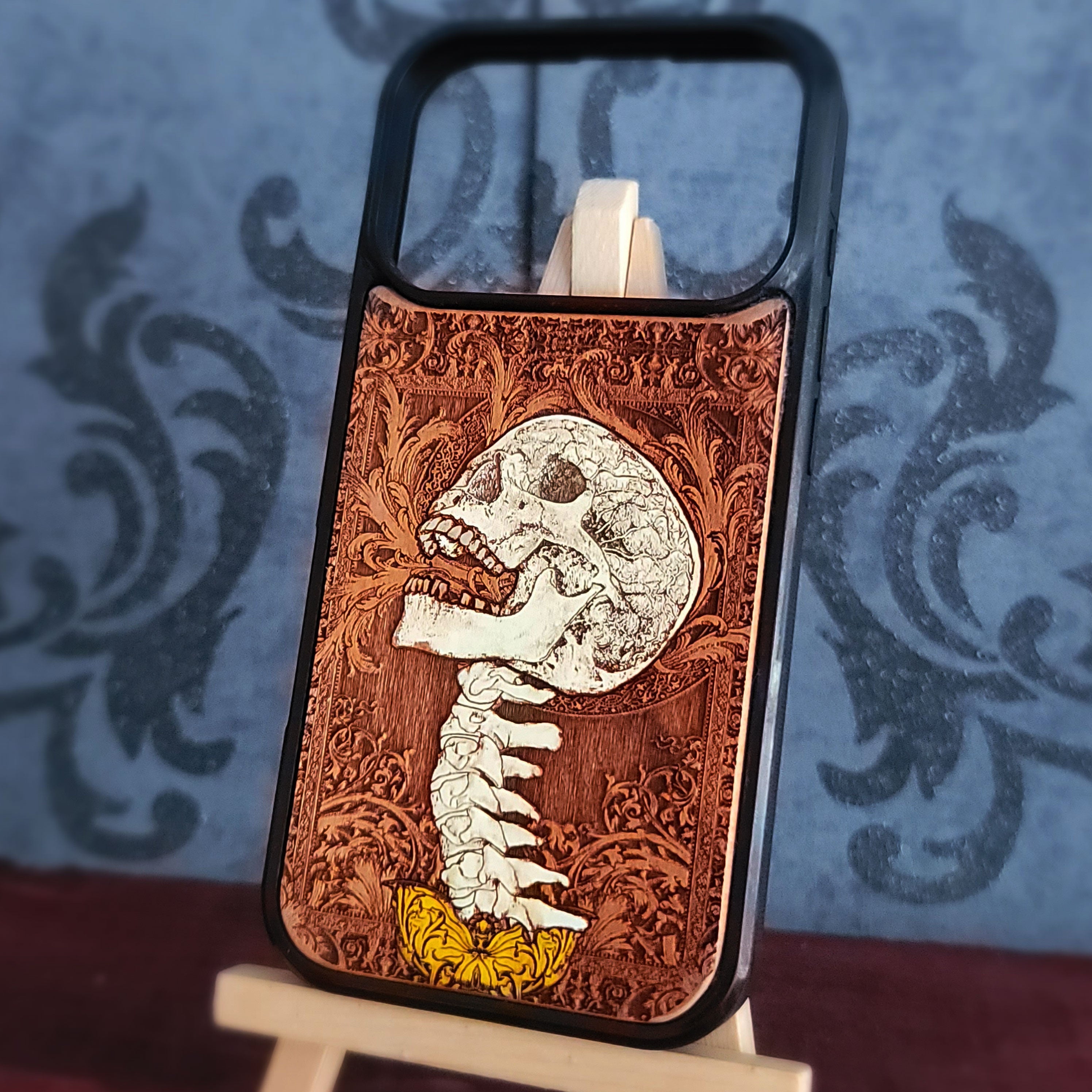 skull wood phone case hand painted for iphone and samsung galaxy