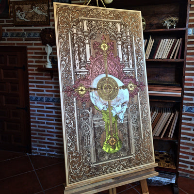 A detailed wooden artwork featuring a skull at the center, overlaid with a cross and intricate gothic architectural elements. The artwork is primarily brown with accents of gold, red, and yellow. 