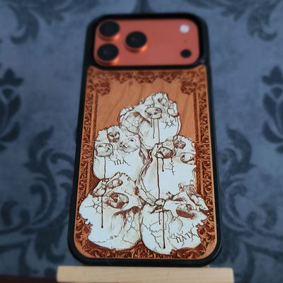 Hand-painted gothic wood phone case with stacked skulls and dripping details, compatible with iPhone and Galaxy, dark horror design.
