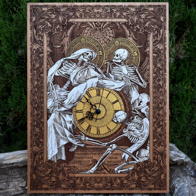 Hand-painted cedar wood gothic clock with laser-engraved Souls artwork. Perfect gothic wedding & anniversary gift for fantasy lovers & collectors.