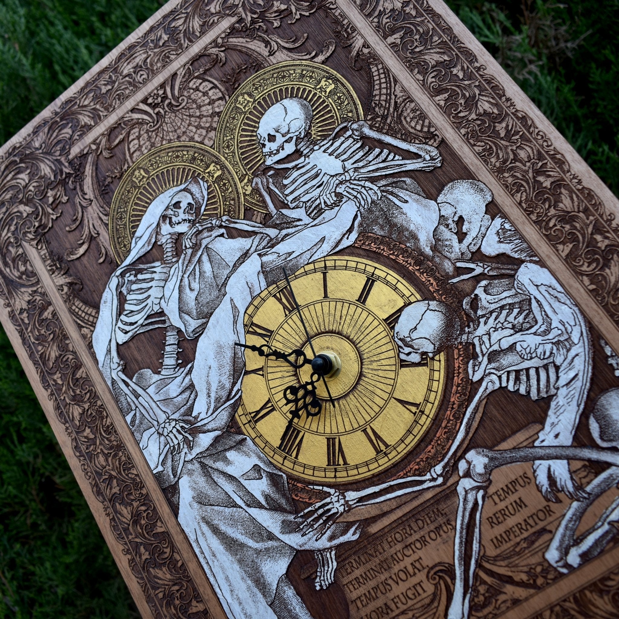 Hand-painted cedar wood gothic clock with laser-engraved Souls artwork. Perfect gothic wedding & anniversary gift for fantasy lovers & collectors.