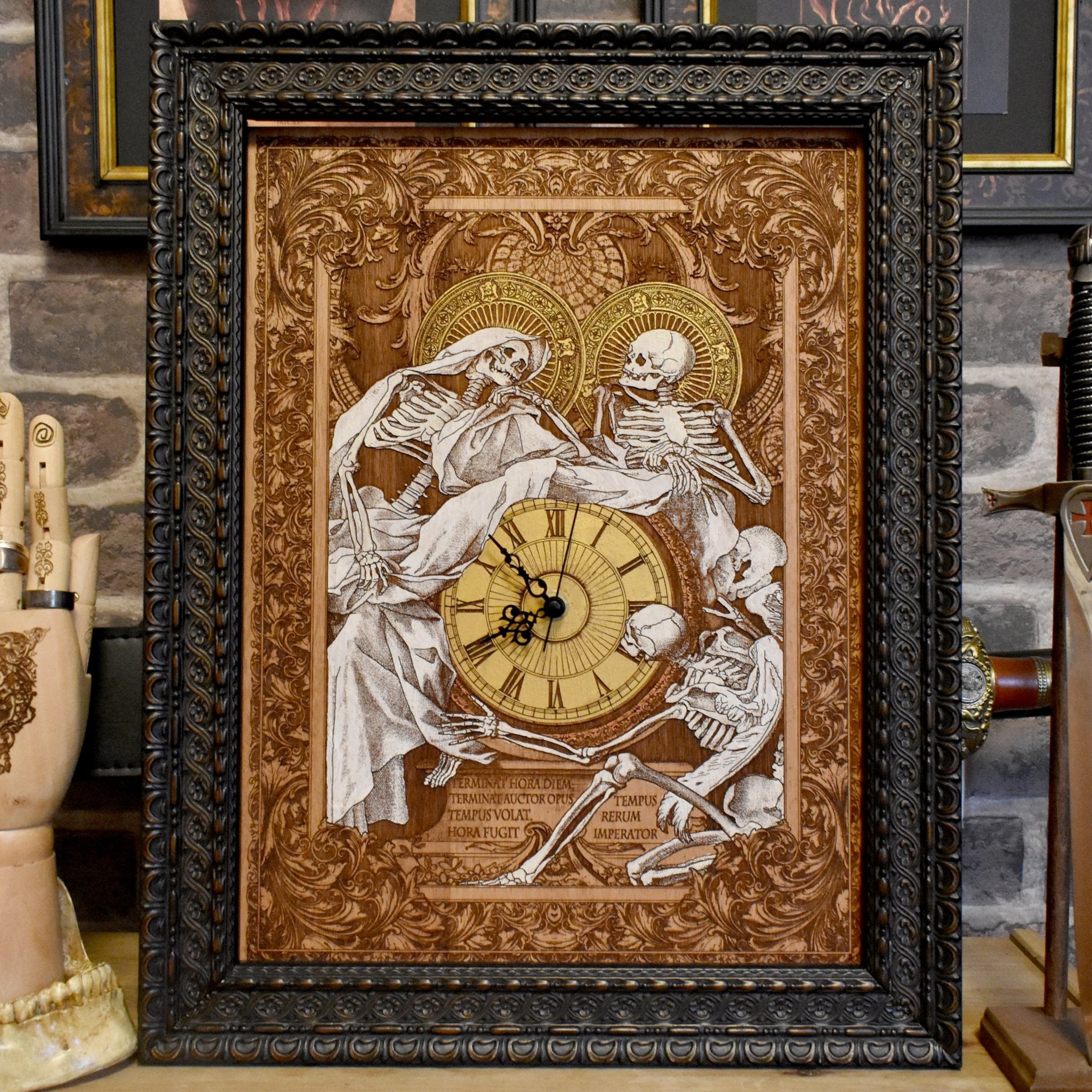 Hand-painted cedar wood gothic clock with laser-engraved Souls artwork. Perfect gothic wedding & anniversary gift for fantasy lovers & collectors.
