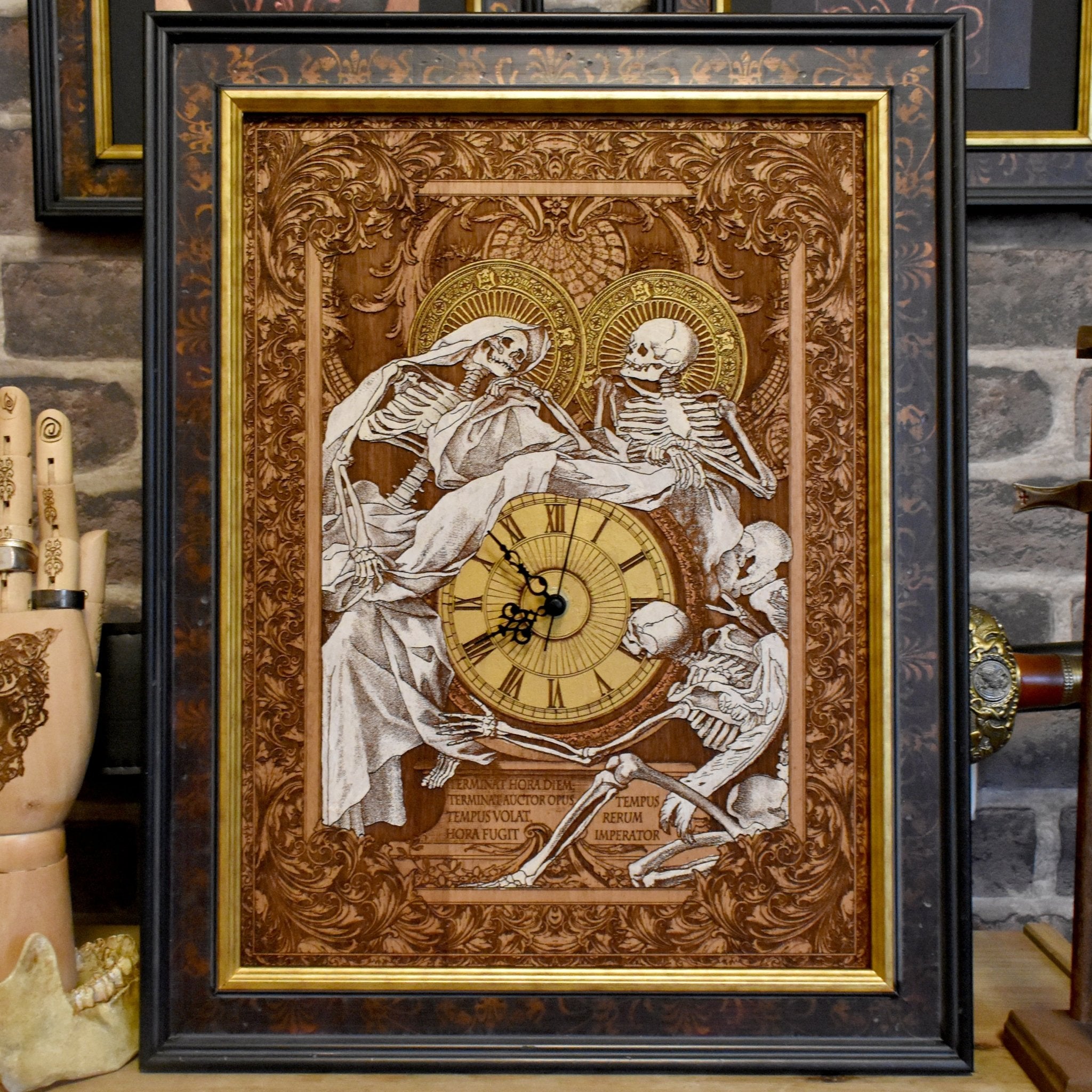 Hand-painted cedar wood gothic clock with laser-engraved Souls artwork. Perfect gothic wedding & anniversary gift for fantasy lovers & collectors.