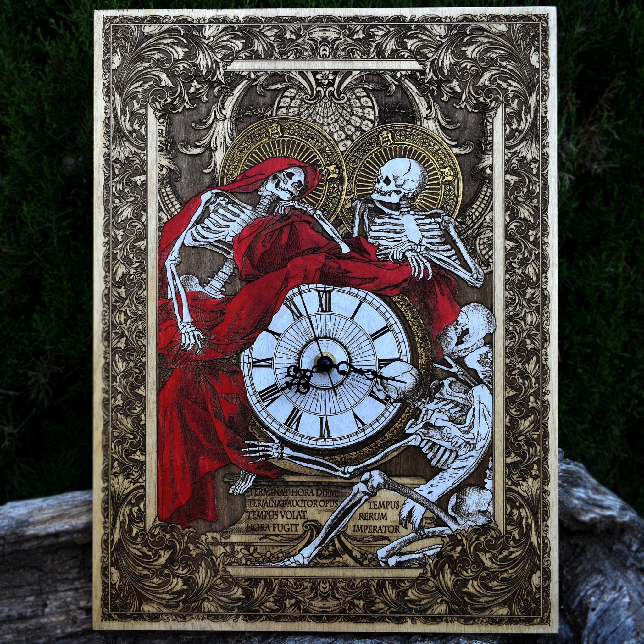 Hand-painted maple wood clock with laser-engraved Souls artwork. Unique anniversary & wedding gift for gothic art lovers.