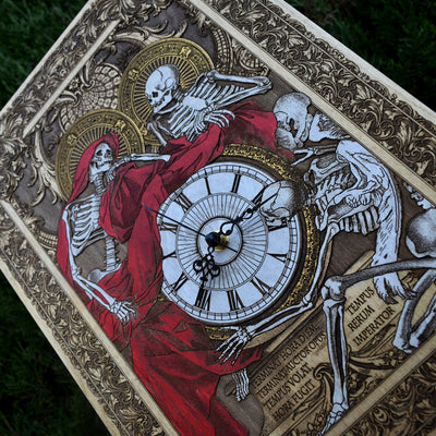 Hand-painted maple wood clock with laser-engraved Souls artwork. Unique anniversary & wedding gift for gothic art lovers.