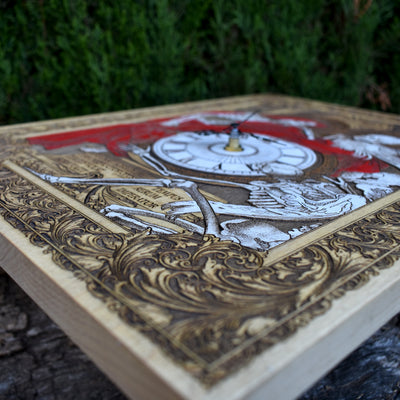 Gothic engraved wood art – gothic art, engraved wood, dark fantasy, skeleton design, artisan crafted