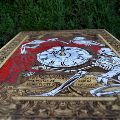 Gothic engraved wood art – gothic art, engraved wood, dark fantasy, skeleton design, artisan crafted