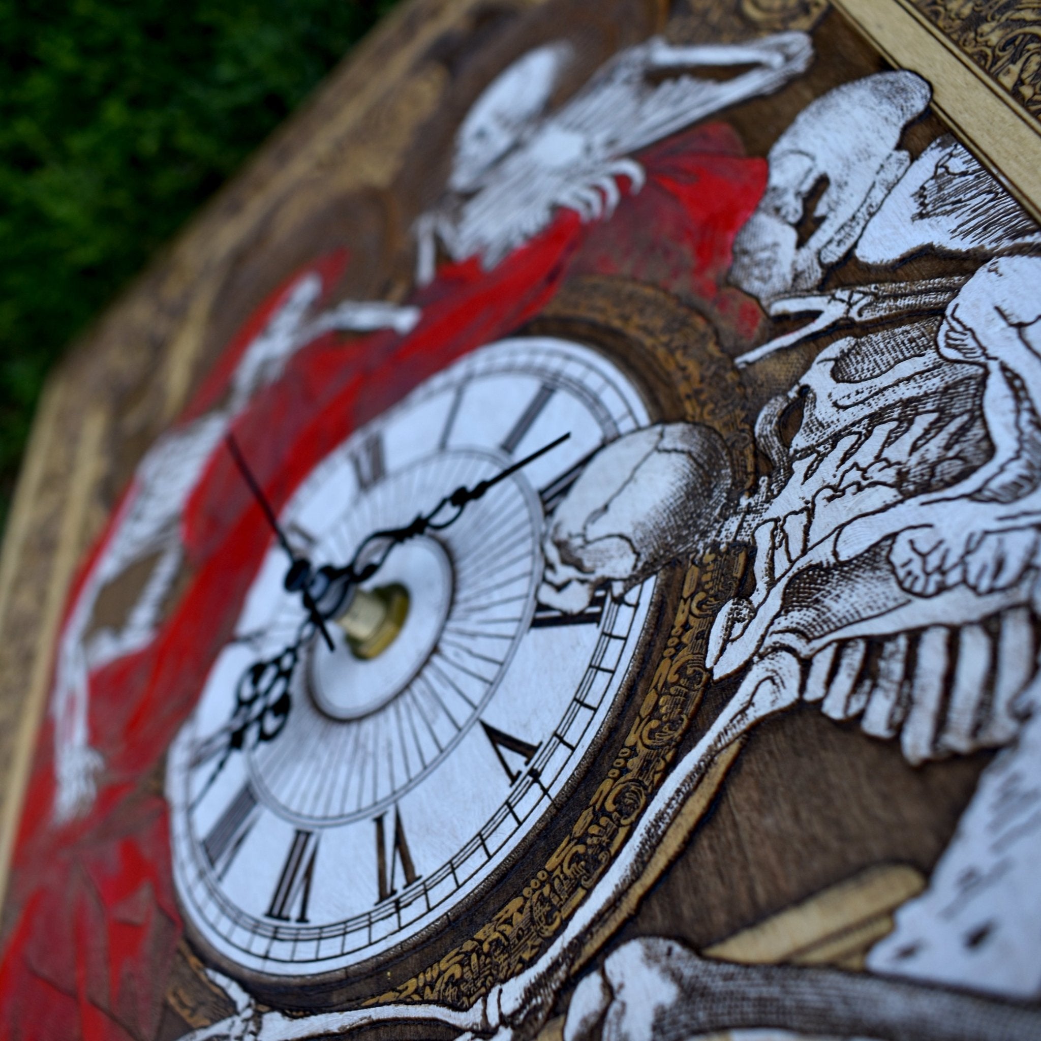 Memento Mori Skeleton Maple Wood Wall Clock | Handmade A3
