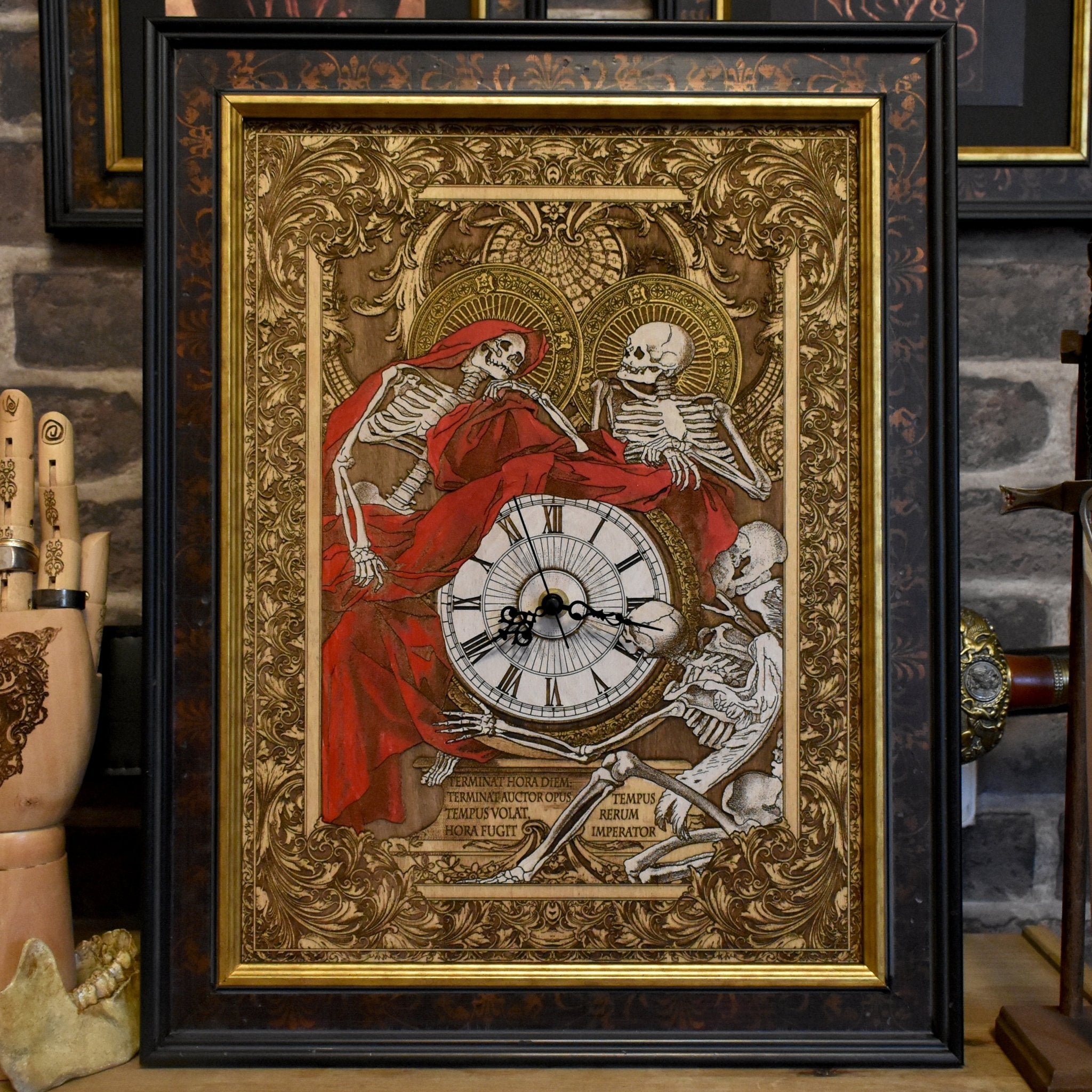 Hand-painted maple wood clock with laser-engraved Souls artwork. Unique anniversary & wedding gift for gothic art lovers.