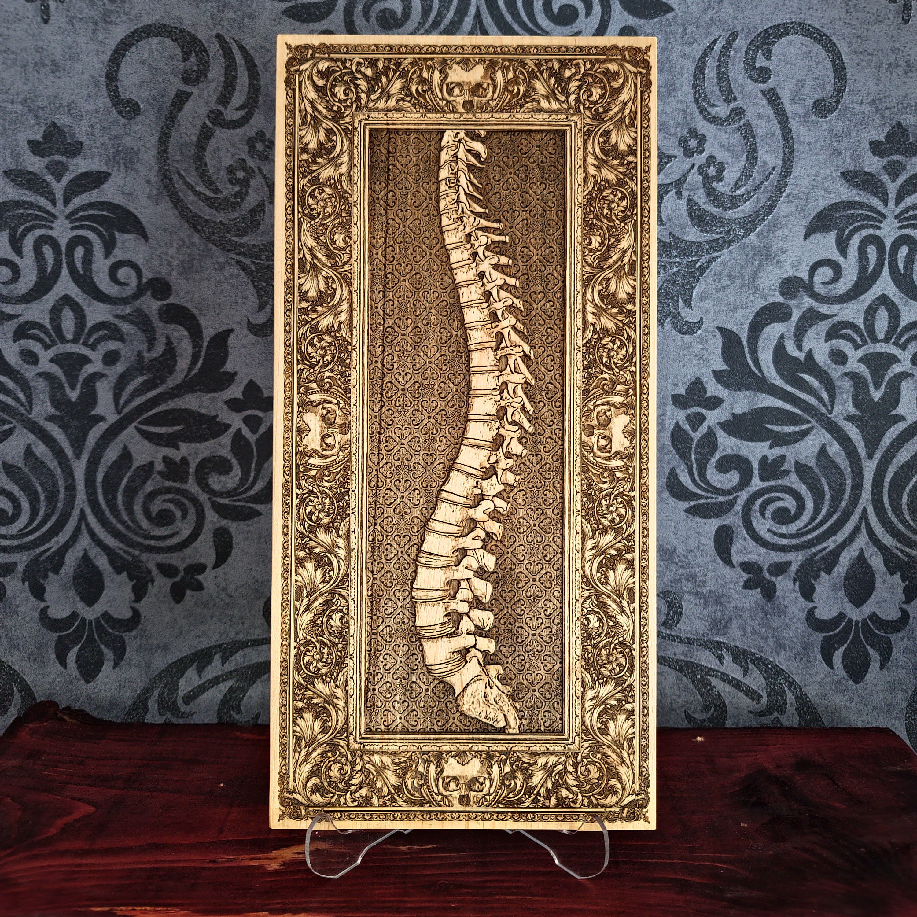 Handcrafted human spine wood engraving, laser-engraved on solid maple wood without paint. A medical-themed gift for doctors, chiropractors, anatomy lovers, and healthcare professionals.