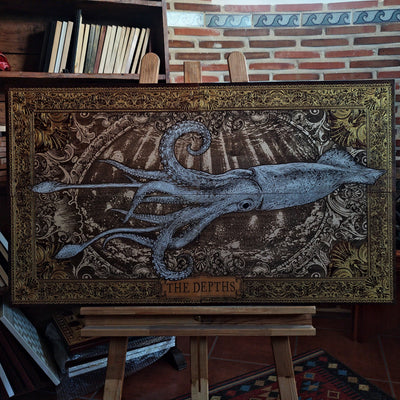 Large laser engraved and hand-painted wooden wall art featuring a detailed giant squid in a vintage nautical illustration style, ideal for coastal, maritime, beach house, and ocean-inspired interiors.
