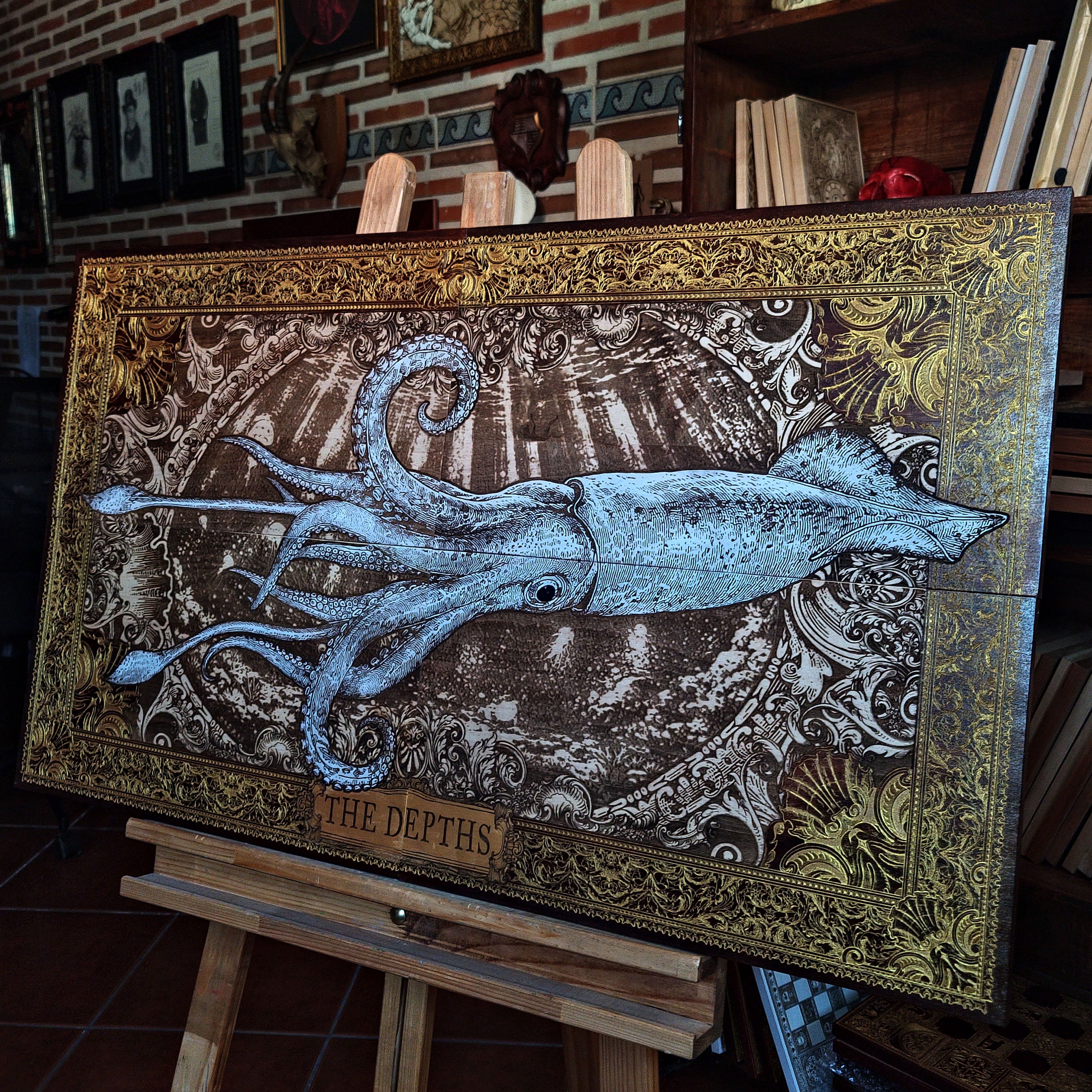 Large laser engraved and hand-painted wooden wall art featuring a detailed giant squid in a vintage nautical illustration style, ideal for coastal, maritime, beach house, and ocean-inspired interiors.