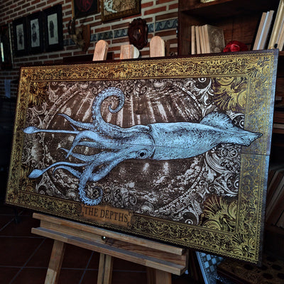 Large laser engraved and hand-painted wooden wall art featuring a detailed giant squid in a vintage nautical illustration style, ideal for coastal, maritime, beach house, and ocean-inspired interiors.